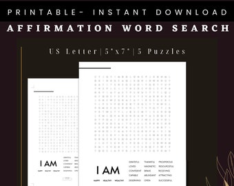 May include: Printable affirmation word search puzzle with five puzzles on a white background. The puzzles are 5 inches by 7 inches and are designed for US Letter size paper. The words to find are listed below the puzzle. The words include: grateful, thankful, prosperous, loved, magnetic, resourceful, confident, brave, capable, abundant, receiving, attracting, deserving, open, and successful.