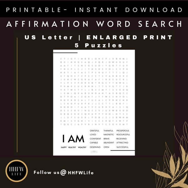 Positive I AM Affirmations Word Search Set | Mindfulness Activity | Self-Empowerment | Positive Thinking | Enlarged Print |WSB100