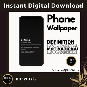 Puede incluir: Fondo de pantalla de teléfono en blanco y negro con la palabra "crear" definida como un verbo. La definición incluye la pronunciación de la palabra y dos ejemplos de cómo usar la palabra. El fondo de pantalla está diseñado para ser utilizado como una pantalla de bloqueo motivacional.