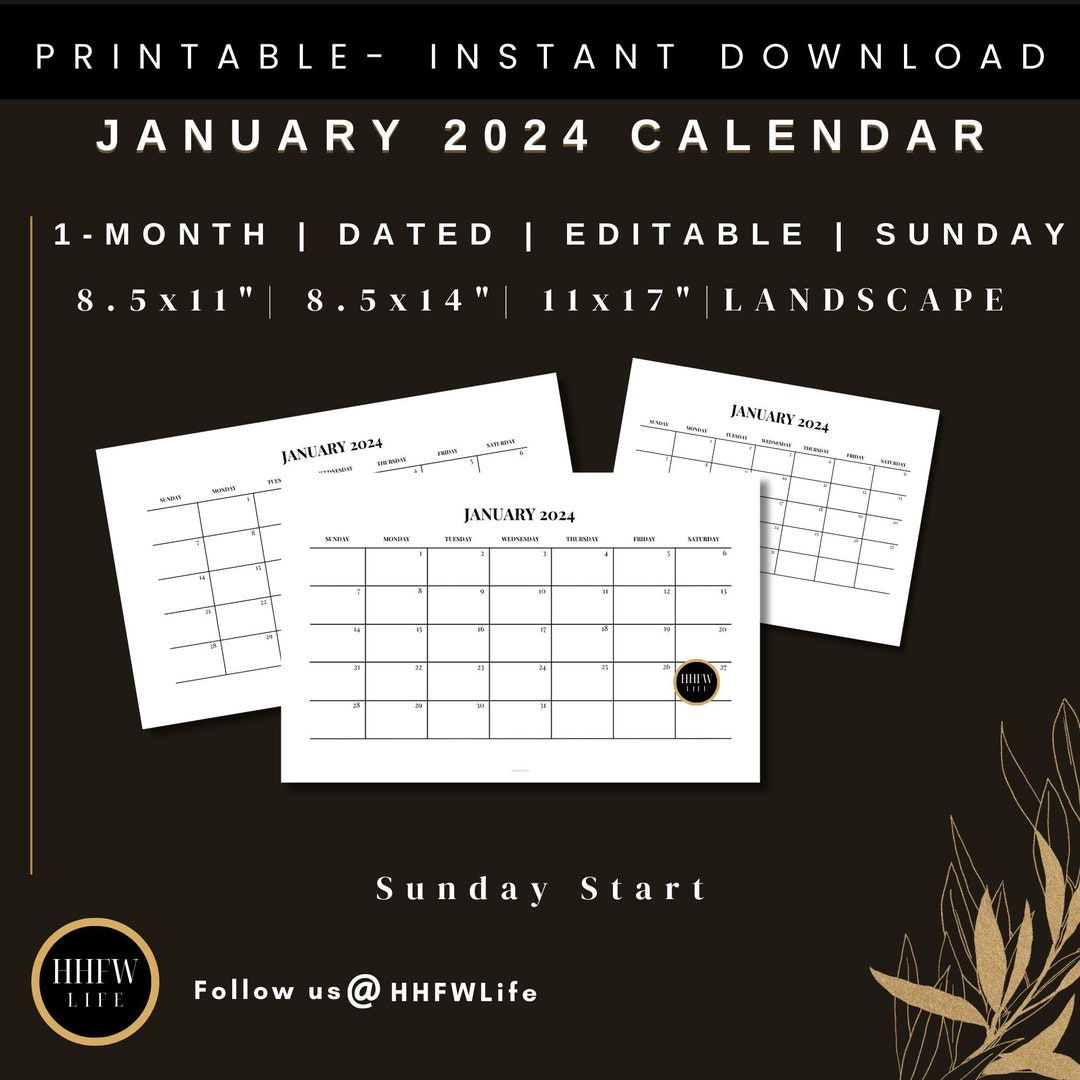 January 2024 Minimalist Printable Calendar Editable 1 Month Wall Desk ...