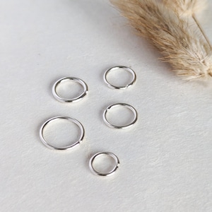Puede incluir: Cinco aros de plata de diferentes tamaños sobre una superficie blanca.