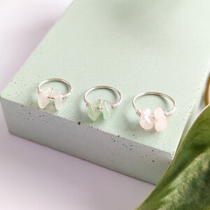 From left to right: 10mm moonstone, 12mm green aventurine, 13mm rose quartz