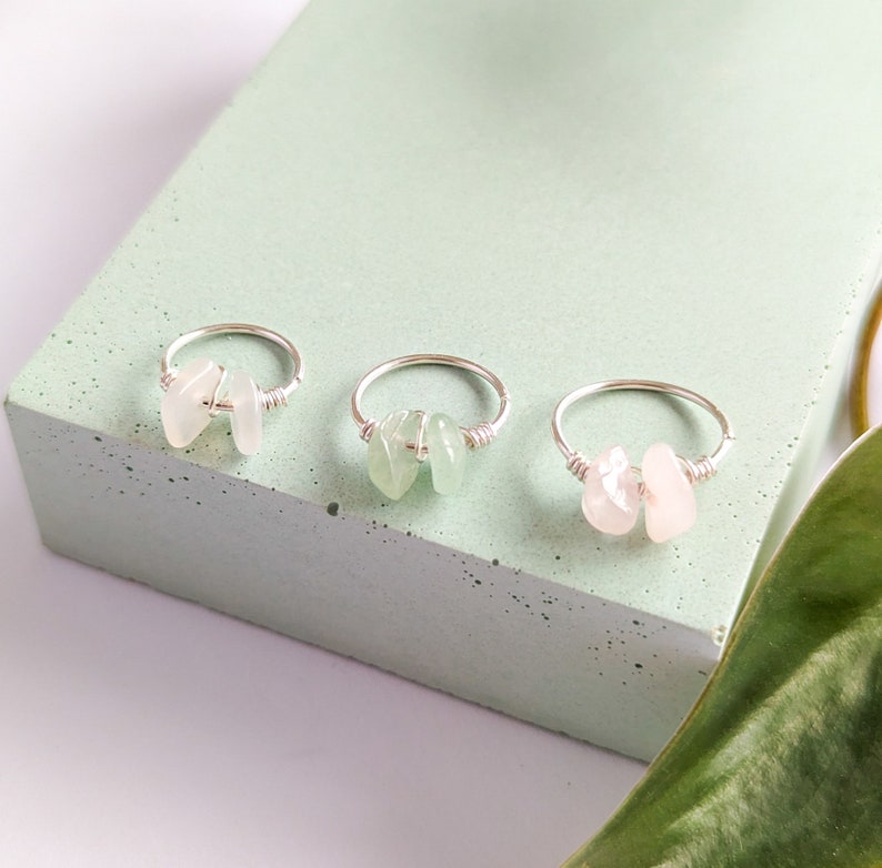 From left to right: 10mm moonstone, 12mm green aventurine, 13mm rose quartz