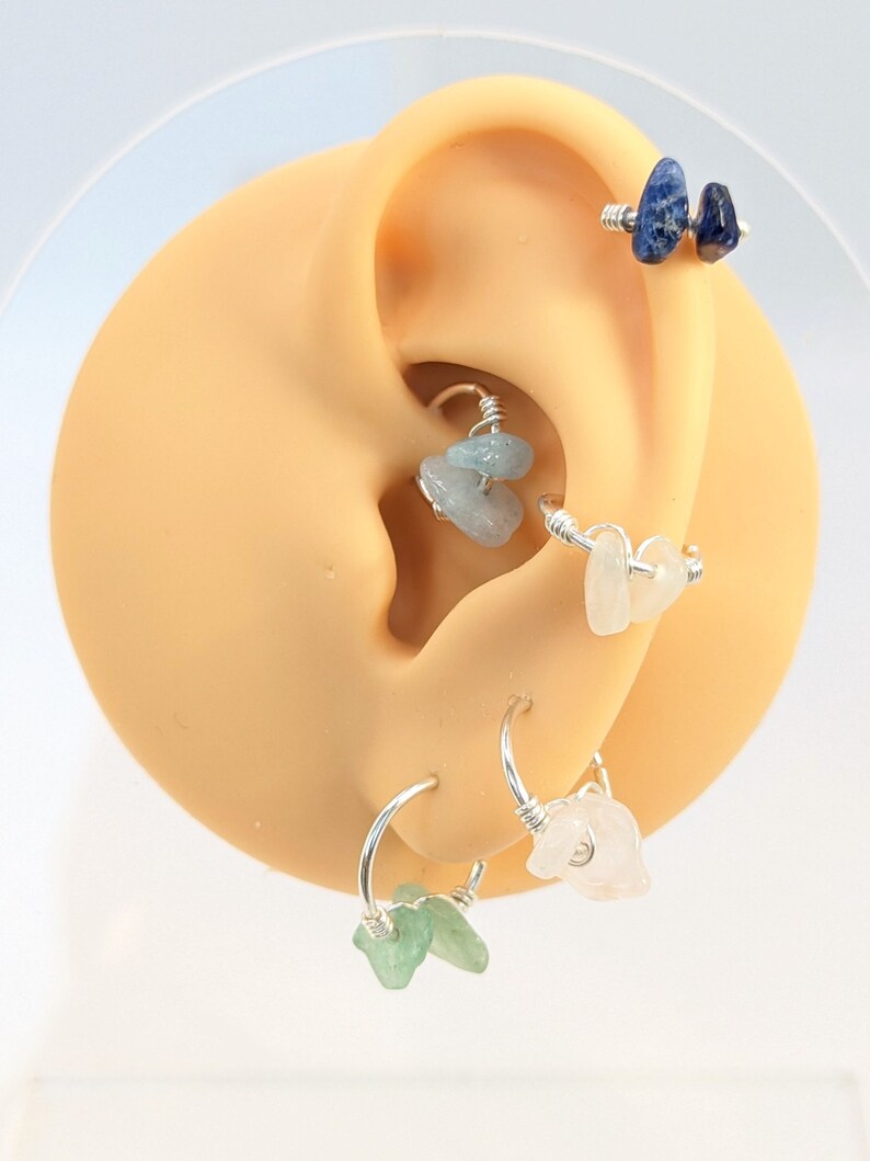 Sterling silver various gemstone crystal cartilage earring hoop 0.8mm 20G piercing helix conch rook tragus snug orbital daith snuggie lobe bild 6