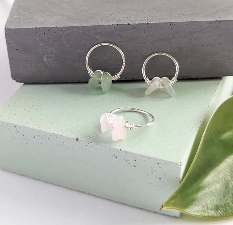 From left to right: 12mm green aventurine, 13mm rose quartz, 10mm moonstone,