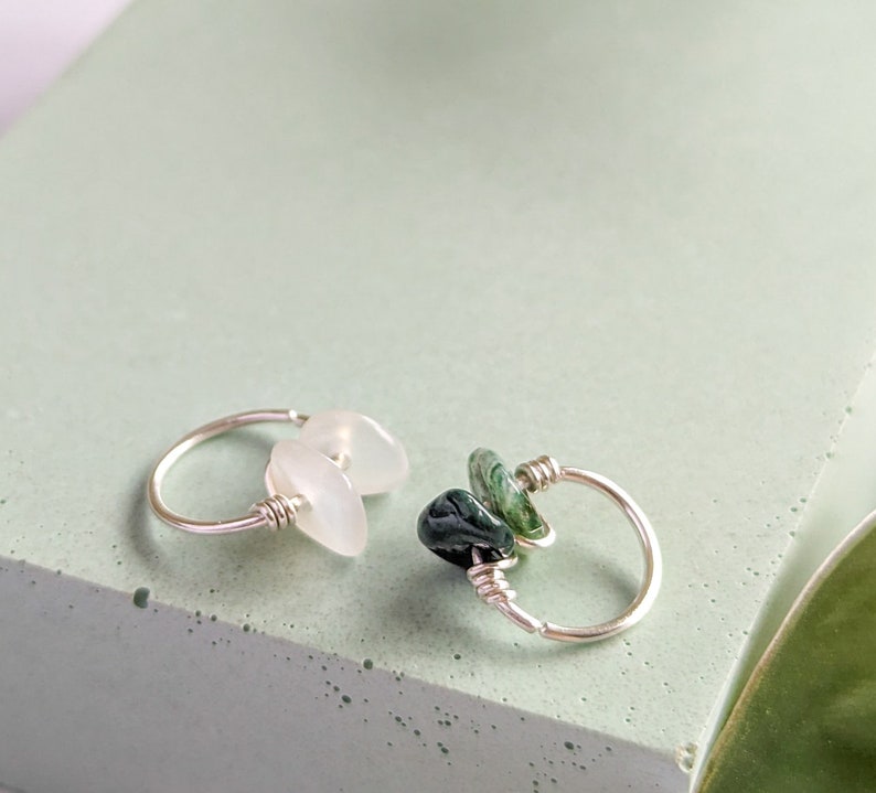 From left to right: 10mm moonstone, 10mm moss agate