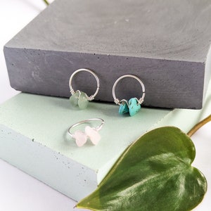 From left to right: 12mm green aventurine, 13mm rose quartz, 12 turquoise