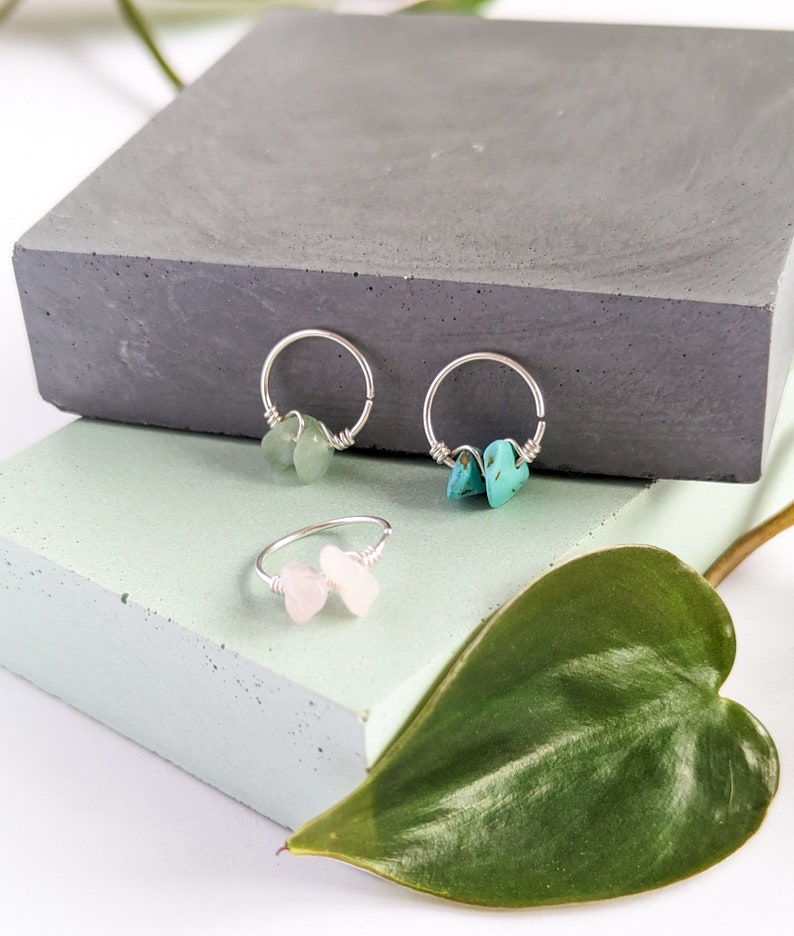 From left to right: 12mm green aventurine, 13mm rose quartz, 12 turquoise