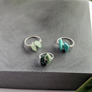 From left to right: 12mm green aventurine, 10mm moss agate, 12mm turquoise