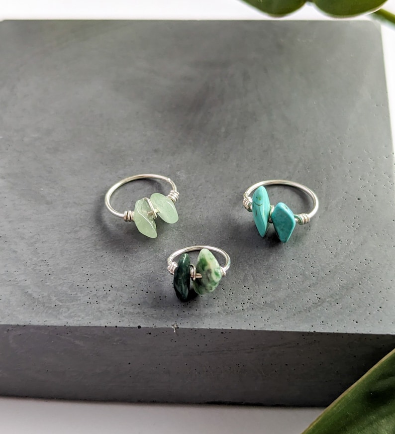 From left to right: 12mm green aventurine, 10mm moss agate, 12mm turquoise