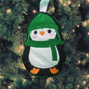 Handmade Embroidery Penguin Christmas Tree Ornament - Cute Holiday Decor with Green Hat and Scarf - Unique Winter Gift or Stocking Filler
