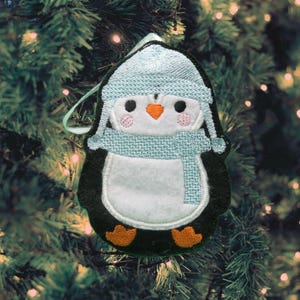 Handmade Embroidery Penguin Christmas Tree Ornament, Cute Holiday Decor with an icy blue Hat and Scarf Unique Winter Gift or Stocking Filler
