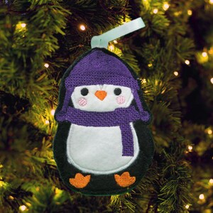 Handmade Embroidery Penguin Christmas Tree Ornament - Cute Holiday Decor with Purple Hat and Scarf - Unique Winter Gift or Stocking Filler