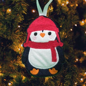 Handmade Embroidery Penguin Christmas Tree Ornament - Cute Holiday Decor with Red Hat and Scarf - Unique Winter Gift or Stocking Filler