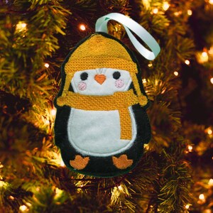 Handmade Embroidery Penguin Christmas Tree Ornament, Cute Holiday Decor with a Yellow Hat and Scarf Unique Winter Gift or Stocking Filler