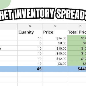 Puede incluir: Una hoja de cálculo titulada "CROCHET INVENTORY SPREADSHEET" con proyectos de ganchillo, como "Ant (Alfred)", "Bee (Small)" y "Whales". Muestra cantidades, precios y precios totales, con un total de 440,00 $. Un logotipo está en la parte inferior derecha.
