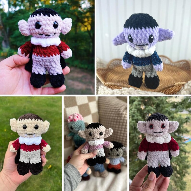 May include: A collection of five crocheted plush toys in the shape of a vampire. The toys are all different colors, including purple, blue, and red. They have black eyes and white teeth.