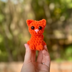 May include: A small orange crocheted cat toy with black eyes and a pink nose.