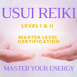 May include: Image promoting Usui Reiki certification. Text includes "Usui Reiki Level I & II" and "Master Level Certification." A logo with a hummingbird and the words "Christian Gold" is in the bottom right corner. The image also includes the words "Master Your Energy."