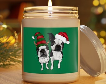 Boston Terrier Christmas Candle, Scented Candle, Holiday Candle, Holiday décor, Christmas décor, Smidge and Doodle