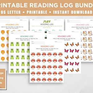 May include: Printable reading log bundle with four different designs. Each log features a different animal theme: lions, frogs, mushrooms, and butterflies. Each log has a grid of 36 circles to colour in for each 20 minutes of reading.