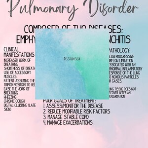 Può includere: Un'infografica rosa e blu sulla malattia polmonare ostruttiva cronica (BPCO). L'infografica spiega che la BPCO è composta da due malattie: enfisema e bronchite. Elenca le manifestazioni cliniche, la patologia e i quattro obiettivi del trattamento della BPCO.