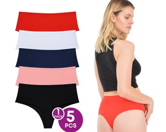 Women's 5 Pcs Knickers High Waist Thongs Black, White, Navy, Red, Salmon Cotton Underwear (M, L, XL)