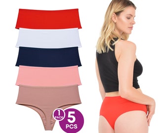 Women's 5 Pcs Knickers High Waist Thong Mink, White, Navy, Red, Salmon Cotton Underwear (M, L, XL)