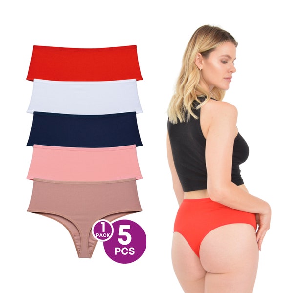 Women's 5 Pcs Knickers High Waist Thong Mink, White, Navy, Red, Salmon Cotton Underwear (M, L, XL)
