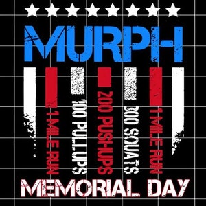 Puede incluir: Un gráfico en blanco y negro con la palabra "MURPH" en letras azules. El gráfico presenta un diseño de bandera estadounidense rojo, blanco y azul con el texto "1 milla de carrera", "300 sentadillas", "200 flexiones", "100 dominadas" y "1 milla de carrera" escrito verticalmente. El texto "MEMORIAL DAY" está escrito en letras blancas en la parte inferior del gráfico.