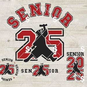 May include: A collection of red and black graduation-themed designs. The word "SENIOR" is prominently displayed, along with the number "25" and a silhouette of a graduate. Various arrangements include circular and stacked designs.