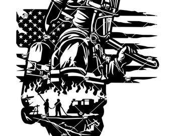 May include: Black and white graphic of a firefighter in gear, holding a tool, set against an American flag design. The image includes flames and silhouettes of firefighters and a fire truck, symbolizing rescue and service.