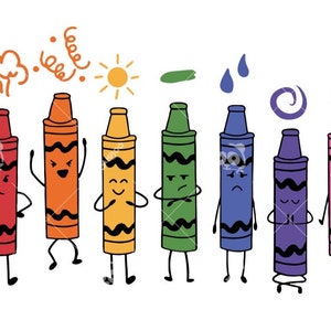 Puede incluir: Ocho crayones con caras, brazos y piernas. Los crayones son rojo, naranja, amarillo, verde, azul, morado y rosa. Cada crayón tiene una expresión diferente en su cara.