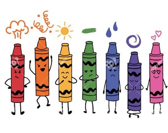 Può includere: Otto pastelli con facce, braccia e gambe. I pastelli sono rosso, arancione, giallo, verde, blu, viola e rosa. Ogni pastello ha un'espressione diversa sul suo viso.