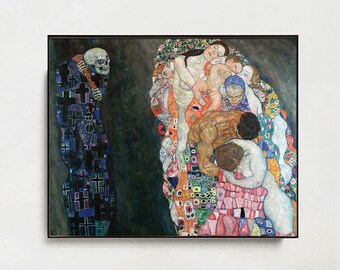 Puede incluir: Una pintura de un grupo de personas en un estilo abstracto y colorido. La pintura está enmarcada en negro y está colgada en una pared blanca. Un sombrero negro está sentado en un banco de madera frente a la pintura.