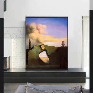 May include: A surrealist painting depicting a rocky landscape with a large archway, a melting clock, and a small figure standing on a rock. The sky is a vibrant blue with pink and yellow clouds.