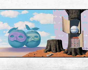 May include: Surrealist painting featuring two green apples with purple masks, a tree stump with an axe, and a house inside a tree trunk with a white sphere above it.