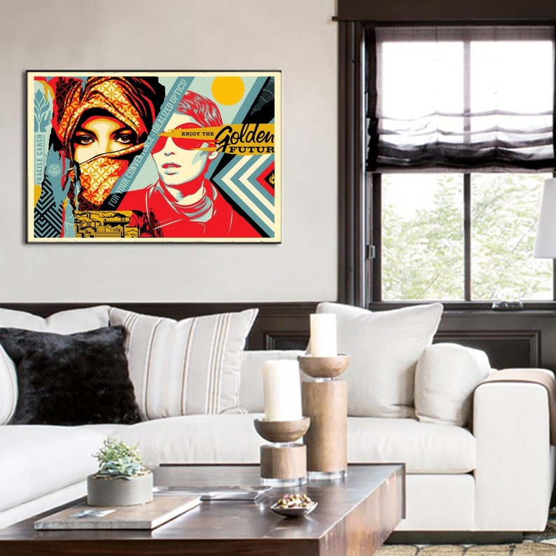 May include: A colourful, abstract art print featuring two figures wearing sunglasses. The text "Enjoy the Golden Future" is included in the print.