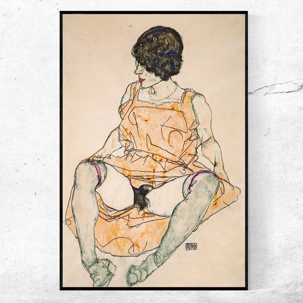 Sitzende Frau mit hochgeschobenem Kleid-Egon Schiele,Housewarming Gift,Expressionism,Vintage masterpiece work,giclee print in various sizes