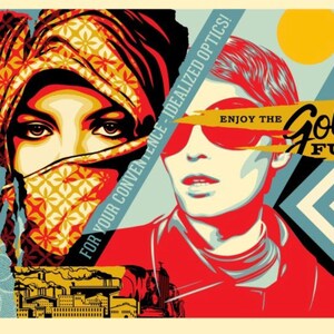 May include: A colourful collage art print featuring a woman wearing a headscarf and a man wearing sunglasses. The print includes the text "Enjoy the Golden Future" and "For your convenience - Idealized optics!" The print is in a red, yellow, blue and black colour scheme.