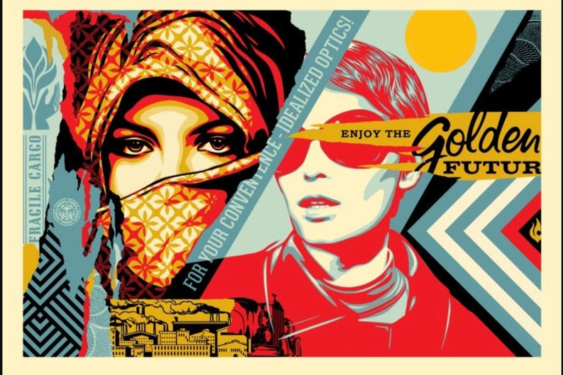 May include: A colourful collage art print featuring a woman wearing a headscarf and a man wearing sunglasses. The print includes the text "Enjoy the Golden Future" and "For your convenience - Idealized optics!" The print is in a red, yellow, blue and black colour scheme.