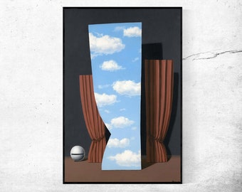 May include: A surrealist painting depicting a sky with clouds framed by two red curtains. A white sphere sits in the foreground.