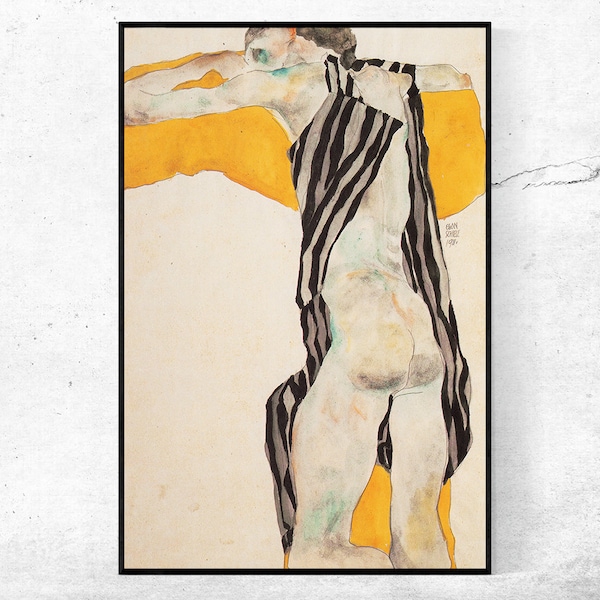 Liegender Madchenakt im gestreiften Kittel-Egon Schiele,Housewarming Gift,Expressionism,Vintage  Artwork,giclee print in various sizes
