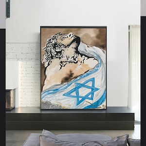 May include: A black and white painting of a person with curly hair, wrapped in a blue and white flag with a six-pointed star. The background is a brown watercolor wash.