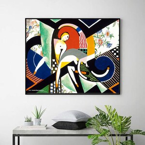 May include: Framed art print featuring a colorful abstract design. The artwork includes geometric shapes, floral patterns, and figures in shades of red, blue, green, and black. The text "THE THUNDERSHOWER..." is visible in the lower left corner.