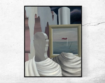 Puede incluir: Impresión artística abstracta que presenta un busto gris sin rostro con tela drapeada, un paisaje enmarcado con una bandera roja y elementos arquitectónicos en una composición surrealista. La paleta de colores incluye gris, blanco, rosa y azul oscuro.
