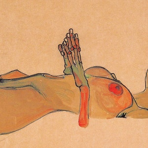 May include: A nude figure of a person lying on their back with their head turned to the side. The figure's hands are clasped together and raised above their head. The figure is painted in shades of brown, orange, and red.