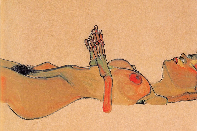 May include: A nude figure of a person lying on their back with their head turned to the side. The figure's hands are clasped together and raised above their head. The figure is painted in shades of brown, orange, and red.