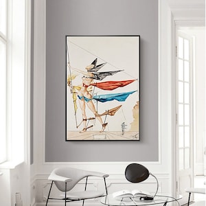 May include: A surrealist painting depicting a woman standing on a platform with flowing fabric in red, blue, and black. The woman is wearing a yellow and red dress and has a black hat on her head.