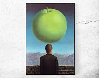 May include: A surrealist painting of a man standing in front of a mountain range with a large green apple floating above his head.